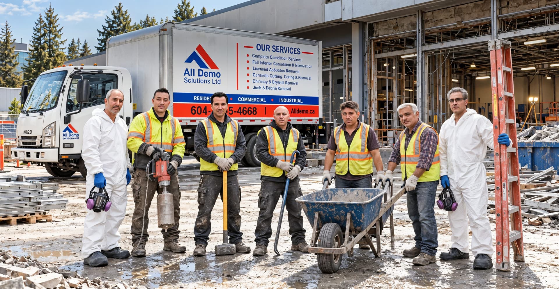 The All Demo Solutions crew with their branded truck at a job site